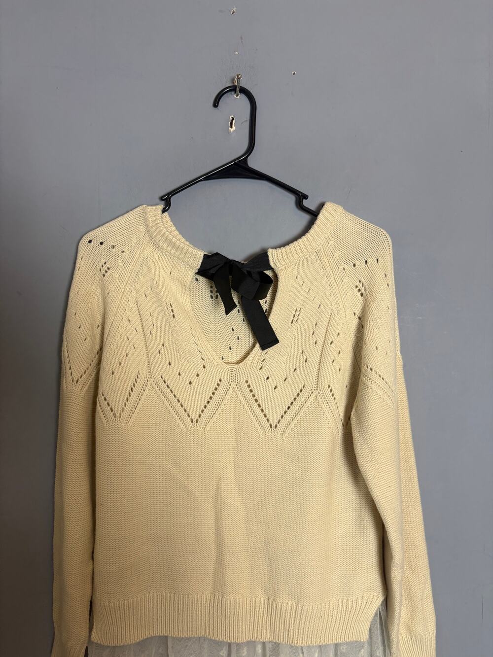Monteau Womens Cream Knit Sweater Black Bow Back Size S